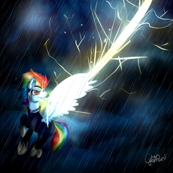 Size: 2000x2000 | Tagged: safe, artist:wolfchen999, rainbow dash, zapp, pegasus, pony, badass, epic, female, flying, lightning, mare, power ponies, rain, solo, spread wings, storm, wings