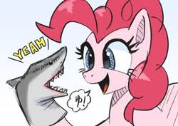 Size: 1280x905 | Tagged: safe, artist:satv12, pinkie pie, pony, shark, g4, excited, female, hand puppet, happy, mare, simple background, solo, speech bubble, thesharkpuppet, yeah
