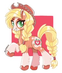 Size: 720x853 | Tagged: source needed, safe, artist:shaymon, applejack, earth pony, pony, g4, applejack (g5 concept leak), female, g5 concept leak style, g5 concept leaks, hat, hooves, mare, redesign, smiling, solo