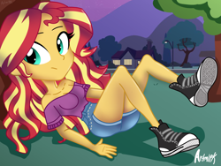 Size: 2400x1800 | Tagged: safe, artist:artmlpk, sunset shimmer, equestria girls, g4, bare shoulders, beautiful, clothes, converse, cute, denim shorts, design, female, high waisted shorts, house, legs, lying down, mountain, night, sexy, shimmerbetes, shoes, shorts, sneakers, solo, style, teenager, tomboy, tree