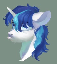 Size: 1796x2026 | Tagged: safe, artist:sofiko-ko, shining armor, pony, g4, bust, cracked armor, ear fluff, frazzled, green background, head only, male, neck fluff, portrait, pouting, pouty lips, simple background, solo, stallion
