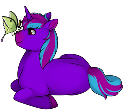 Size: 919x811 | Tagged: safe, artist:69beas, oc, oc only, oc:neon eclipse, insect, moth, pony, unicorn, colored hooves, hoof fluff, insect on nose, looking at each other, lying down, male, simple background, smiling, stallion, transparent background