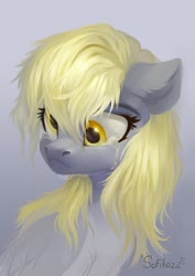 Size: 1527x2160 | Tagged: safe, artist:sofiko-ko, derpy hooves, pegasus, pony, g4, bust, chest fluff, crying, ear fluff, female, gray background, mare, sad, simple background, solo