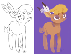 Size: 1132x851 | Tagged: safe, artist:1eg, little strongheart, bison, buffalo, g4, adoraheart, cloven hooves, cute, feather, female, headband, lineless, no pupils, purple background, simple background, sketch, solo
