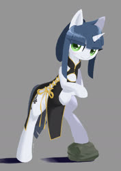 Size: 1280x1810 | Tagged: safe, artist:satv12, oc, oc only, oc:sprite moon, unicorn, semi-anthro, arm hooves, cheongsam, clothes, female, gray background, mare, rock, simple background, smiling, solo