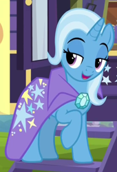 Size: 554x814 | Tagged: safe, screencap, trixie, pony, unicorn, g4, road to friendship, blue eyeshadow, cape, clothes, cropped, eyeshadow, female, makeup, mare, purple eyes, solo, stairs, trixie's wagon, wagon