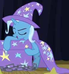 Size: 846x914 | Tagged: safe, screencap, trixie, pony, unicorn, g4, road to friendship, cape, chains, clothes, cropped, explaining, eyes closed, female, hat, mare, solo, stage, trunk, wizard hat