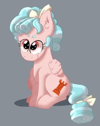 Size: 1024x1292 | Tagged: safe, artist:usagi-kinnie, cozy glow, pegasus, pony, g4, beanbrows, cozybetes, cute, cutie mark, ear fluff, eyebrows, female, filly, gray background, looking up, simple background, sitting, smiling, solo