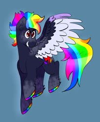 Size: 1024x1253 | Tagged: safe, artist:usagi-kinnie, part of a set, rainbow dash, pegasus, pony, g4, blue background, colored hooves, cutie mark, female, flying, grin, redesign, simple background, smiling, solo, spread wings, wingding eyes, wings