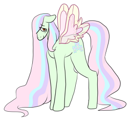 Size: 1024x973 | Tagged: safe, artist:usagi-kinnie, part of a set, fluttershy, flutter pony, pony, g4, cutie mark, eye clipping through hair, female, floppy ears, long mane, long tail, looking at you, mare, redesign, simple background, smiling, solo, transparent background