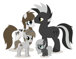 Size: 3053x2366 | Tagged: safe, artist:dyonys, oc, oc only, oc:birka iron, oc:grey iron, oc:hildra, oc:leif iron, earth pony, pony, female, forehead kiss, high res, kissing, male, mare, scar, simple background, spots, stallion, standing, transparent background