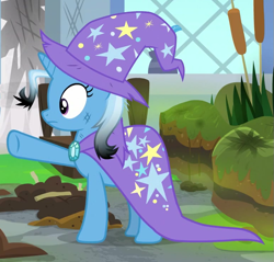 Size: 769x734 | Tagged: safe, screencap, trixie, pony, unicorn, a horse shoe-in, g4, cape, clothes, cropped, female, hat, looking offscreen, mare, pointing, purple eyes, solo, wizard hat