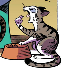 Size: 928x1029 | Tagged: safe, artist:andypriceart, idw, cat, g4, spoiler:comic, spoiler:comic67, animal, bowl, coat markings, cropped, open mouth, pet bowl, pointing, socks (coat markings), tempest's tale, tongue out