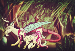 Size: 1280x866 | Tagged: safe, artist:finchina, discord, fluttershy, draconequus, pegasus, pony, g4, braid, chest fluff, crepuscular rays, cutie mark, duo, female, floppy ears, forest, leg fluff, looking at each other, male, mare, quadrupedal