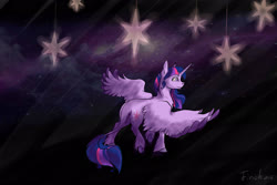 Size: 3000x2000 | Tagged: safe, artist:finchina, twilight sparkle, alicorn, pony, g4, cloven hooves, cutie mark, female, galaxy, high res, leonine tail, mare, solo, space, spread wings, stars, surreal, twilight sparkle (alicorn), unshorn fetlocks, walking, wings