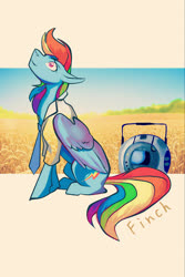 Size: 1365x2048 | Tagged: safe, artist:finchina, rainbow dash, pegasus, pony, g4, abstract background, clothes, duo, female, floppy ears, looking up, mare, necktie, portal (valve), portal 2, shirt, sitting, wheatley