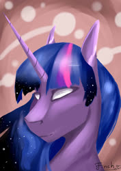 Size: 1700x2400 | Tagged: safe, artist:finchina, twilight sparkle, pony, g4, abstract background, bust, ethereal mane, female, glowing eyes, mare, solo, starry mane