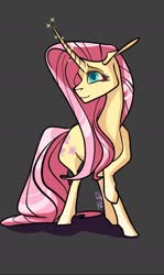 Size: 1024x1721 | Tagged: safe, artist:finchina, fluttershy, pony, unicorn, g4, curved horn, cutie mark, female, floppy ears, fluttershy (g5 concept leak), g5 concept leak style, g5 concept leaks, glowing horn, gray background, horn, long tail, mare, raised hoof, simple background, smiling, solo, unicorn fluttershy
