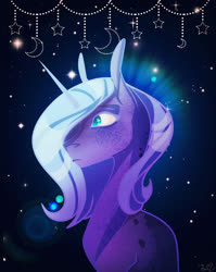 Size: 1785x2245 | Tagged: safe, artist:finchina, princess luna, pony, g4, abstract background, bust, coat markings, dappled, female, mare, s1 luna, solo, stars, young luna, younger