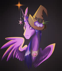 Size: 1647x1898 | Tagged: safe, artist:finchina, twilight sparkle, alicorn, pony, g4, bust, emotionless, female, flower, gradient background, hat, horn, horn jewelry, jewelry, looking at you, mare, peytral, solo, spread wings, stern, twilight sparkle (alicorn), wings, wizard hat