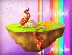 Size: 1024x787 | Tagged: safe, artist:finchina, autumn blaze, butterfly, kirin, g4, awwtumn blaze, cute, female, floating island, floppy ears, long tail, looking up, open mouth, prone, rainbow waterfall, smiling, solo, sparkles