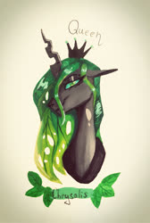 Size: 1024x1526 | Tagged: safe, artist:finchina, queen chrysalis, changeling, changeling queen, g4, bust, crown, eye clipping through hair, female, floppy ears, green changeling, jewelry, lidded eyes, limited palette, looking at you, regalia, simple background, solo, stray strand, traditional art, white background