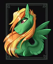 Size: 1704x2036 | Tagged: safe, artist:finchina, oc, oc only, pegasus, pony, abstract background, bust, chest fluff, commission, eyeshadow, female, makeup, mare, one wing out, smiling, solo, wings