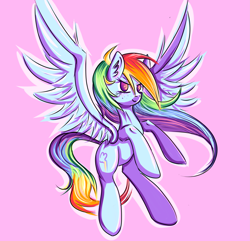 Size: 4153x4000 | Tagged: safe, artist:coco-drillo, rainbow dash, pegasus, pony, g4, backwards cutie mark, cel shading, colorful, determined, determined look, ear fluff, female, flying, freckles, messy mane, solo, standing, stylized