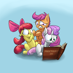 Size: 2000x2000 | Tagged: safe, artist:rocket-lawnchair, apple bloom, scootaloo, sweetie belle, earth pony, pegasus, pony, unicorn, g4, bad idea, book, bow, cutie mark crusaders, disgusted, female, filly, hair bow, high res, proctology, reading, this will end in tears and/or death and/or covered in tree sap, varying degrees of want