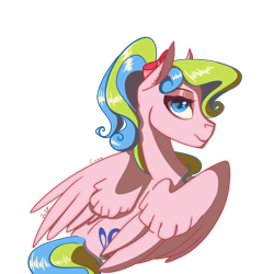 Size: 1988x1988 | Tagged: safe, artist:finchina, oc, oc only, pegasus, pony, bow, cutie mark, female, hair bow, lidded eyes, looking at you, looking back, mare, ponytail, prone, request, simple background, smiling, solo, transparent background