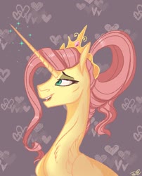 Size: 1955x2417 | Tagged: safe, artist:finchina, fluttershy, alicorn, pony, g4, the last problem, abstract background, alicornified, chest fluff, eyeshadow, female, fluttercorn, glowing horn, horn, jewelry, lidded eyes, makeup, mare, older, older fluttershy, open mouth, princess, princess fluttershy, race swap, solo, tiara