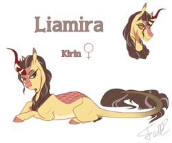 Size: 2701x2247 | Tagged: safe, artist:finchina, oc, oc only, oc:liamira, kirin, female, high res, kirin oc, looking at you, open mouth, prone, reference sheet, scar, simple background, slit pupils, smiling, solo, white background