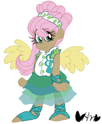 Size: 659x800 | Tagged: safe, artist:mirabuncupcakes15, fluttershy, human, g4, alternate hairstyle, clothes, cute, dark skin, dress, feet, female, foot wraps, headband, humanized, simple background, skirt, solo, white background, winged humanization, wings