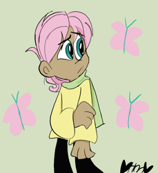 Size: 732x800 | Tagged: safe, artist:mirabuncupcakes15, fluttershy, human, g4, butterscotch, clothes, dark skin, green background, humanized, jeans, male, pants, rule 63, scarf, simple background, solo, sweater