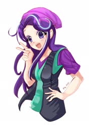 Size: 1600x2264 | Tagged: safe, artist:love2eategg, starlight glimmer, human, equestria girls, equestria girls specials, g4, my little pony equestria girls: mirror magic, anime, beanie, clothes, cute, female, glimmerbetes, hat, human coloration, open mouth, simple background, solo, vest, white background
