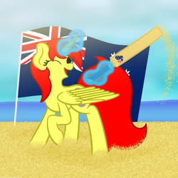 Size: 2500x2500 | Tagged: safe, artist:embroidered equations, oc, oc only, oc:spheres, alicorn, pony, alicon, australia, australia day, australian flag, beach, commission, convention:alicon, cricket bat, flag, high res, magic, sand, solo