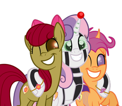 Size: 2046x1774 | Tagged: safe, alternate version, artist:squipycheetah, apple bloom, scootaloo, sweetie belle, changedling, changeling, changepony, earth pony, ghoul, hybrid, pegasus, pony, robot, robot pony, undead, unicorn, fanfic:undead robot bug crusaders, story of the blanks, g4, alternate cutie mark, bipedal, blanked apple bloom, bow, changedlingified, changelingified, cutie mark, cutie mark crusaders, female, grin, gritted teeth, happy, hug, lesbian, mare, older, older apple bloom, older cmc, older scootaloo, older sweetie belle, one eye closed, polyamory, scootaling, ship:scootabelle, ship:scootabloom, ship:sweetiebloom, ship:sweetiebloomaloo, shipping, simple background, smiling, species swap, sweetie bot, teeth, the cmc's cutie marks, transparent background, trio, trio female, vector, wedding band