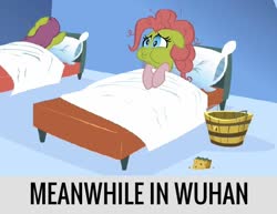 Size: 634x489 | Tagged: safe, edit, edited screencap, screencap, pinkie pie, applebuck season, g4, adventure in the comments, argument in the comments, bed, china, coronavirus, covid-19, graveyard of comments, green face, op is a duck, op is trying to start shit, op started shit, too soon, virus, we are going to hell, wuhan