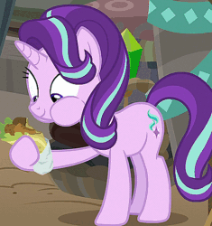 Size: 452x481 | Tagged: safe, screencap, starlight glimmer, pony, g4, road to friendship, season 8, animated, aweeg*, chipmunk cheeks, cropped, eating, falafel, female, food, solo