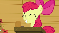 Size: 1280x720 | Tagged: safe, screencap, apple bloom, earth pony, pony, g4, on your marks, ^^, adorabloom, bow, clubhouse, crusaders clubhouse, cute, eyes closed, female, filly, gavel, smiling, solo