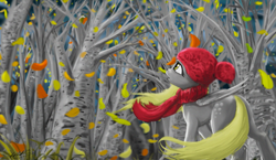 Size: 1587x920 | Tagged: safe, artist:vladimir-olegovych, derpy hooves, pegasus, pony, g4, autumn, beanie, birch tree, clothes, female, hat, leaf, leaves, mare, scarf, solo, tree, wind, windswept mane