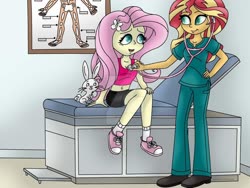 Size: 1024x768 | Tagged: safe, artist:lavenderrain24, angel bunny, fluttershy, sunset shimmer, rabbit, equestria girls, g4, animal, belly button, breasts, checkup, cleavage, clothes, deviantart watermark, examination, examining table, heartbeat, listening, midriff, nurse, nurse shimmer, obtrusive watermark, scrubs (gear), shoes, sneakers, stethoscope, tank top, watermark