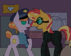 Size: 877x684 | Tagged: safe, artist:queenwildfire2k18, copper top, sunset shimmer, oc, oc:mez-mare-a, pony, unicorn, g4, antagonist, gem, goggles, hypnosis, hypnotized, museum, police pony, power ponies oc, supervillain, swirly eyes, thief, villainess