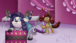 Size: 1920x1080 | Tagged: safe, artist:swasfews, rarity, yona, earth pony, pony, yak, g4, she's all yak, duo, fabric, ponified, pony yona, role reversal, sewing needle, signature, species swap, thread, yakified, yakity