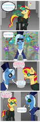 Size: 512x1561 | Tagged: safe, artist:zeronitroman, trixie, oc, oc:mez-mare-a, bird, duck, g4, antagonist, behaving like a duck, comic, dramatic entrance, goggles, great and powerful, hypnosis, hypnotized, power ponies, power ponies oc, quack, superhero, supervillain, swirly eyes, villainess