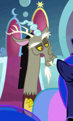 Size: 292x480 | Tagged: safe, screencap, discord, princess celestia, princess luna, alicorn, draconequus, pony, g4, the beginning of the end, animated, blinking, cropped, crossed arms, ethereal mane, female, gif, male, mare, offscreen character, shocked, surprised, throne, throne room