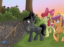 Size: 1023x749 | Tagged: safe, artist:lavenderrain24, apple bloom, scootaloo, oc, oc:ebony darkness, pegasus, pony, unicorn, g4, culture confusion, female, filly, japanese garden, laughing, sunset, thing that goes doink