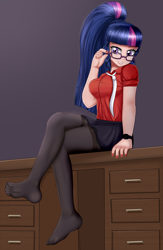 Size: 1300x2000 | Tagged: safe, artist:focusb, sci-twi, twilight sparkle, human, equestria girls, g4, adorasexy, breasts, busty sci-twi, busty twilight sparkle, clothes, crossed legs, cute, desk, digital art, female, glasses, human coloration, humanized, legs, looking at you, miniskirt, missing shoes, nail polish, necktie, pantyhose, ponytail, sexy, shirt, sitting, skirt, smiling, solo, stocking feet, twiabetes, watch, wristwatch