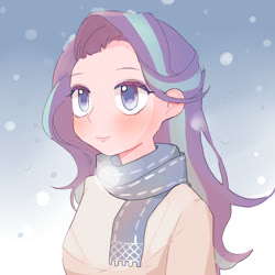 Size: 1000x1000 | Tagged: safe, artist:cpid, starlight glimmer, human, g4, bust, clothes, colored pupils, cute, female, glimmerbetes, humanized, pixiv, scarf, snow, snowfall, solo, winter