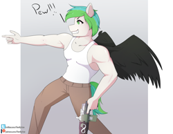 Size: 2894x2250 | Tagged: safe, artist:axtkatze, oc, oc only, oc:looic, pegasus, anthro, armpits, high res, male, solo, weapon
